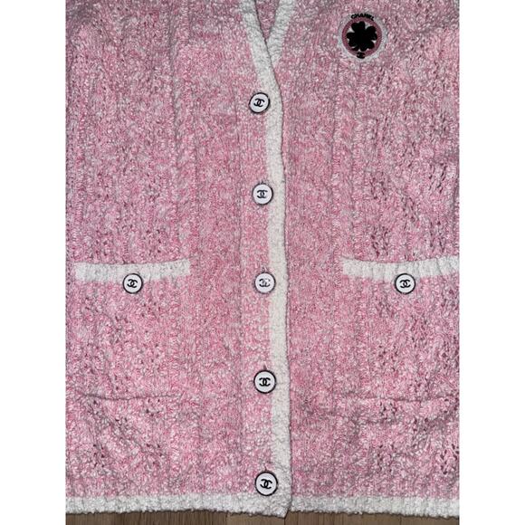 Chanel 24P Pink White Knit Boucle CC Logo Button Long Sleeve Cardigan Sweater 36 - Picture 3 of 16